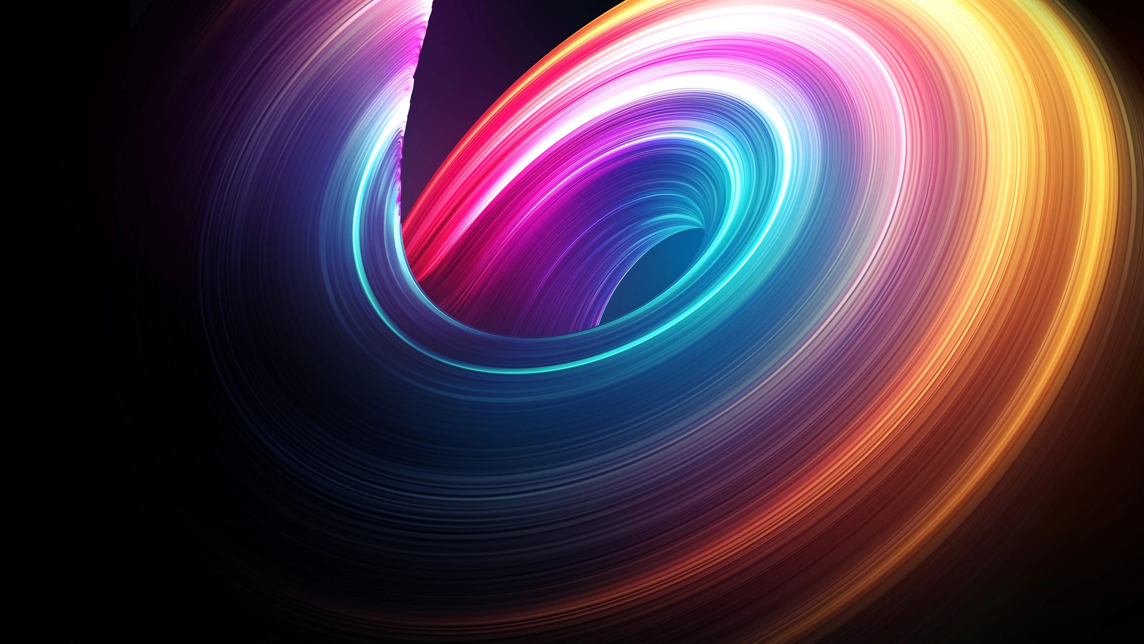Twisted neon light trail on black background